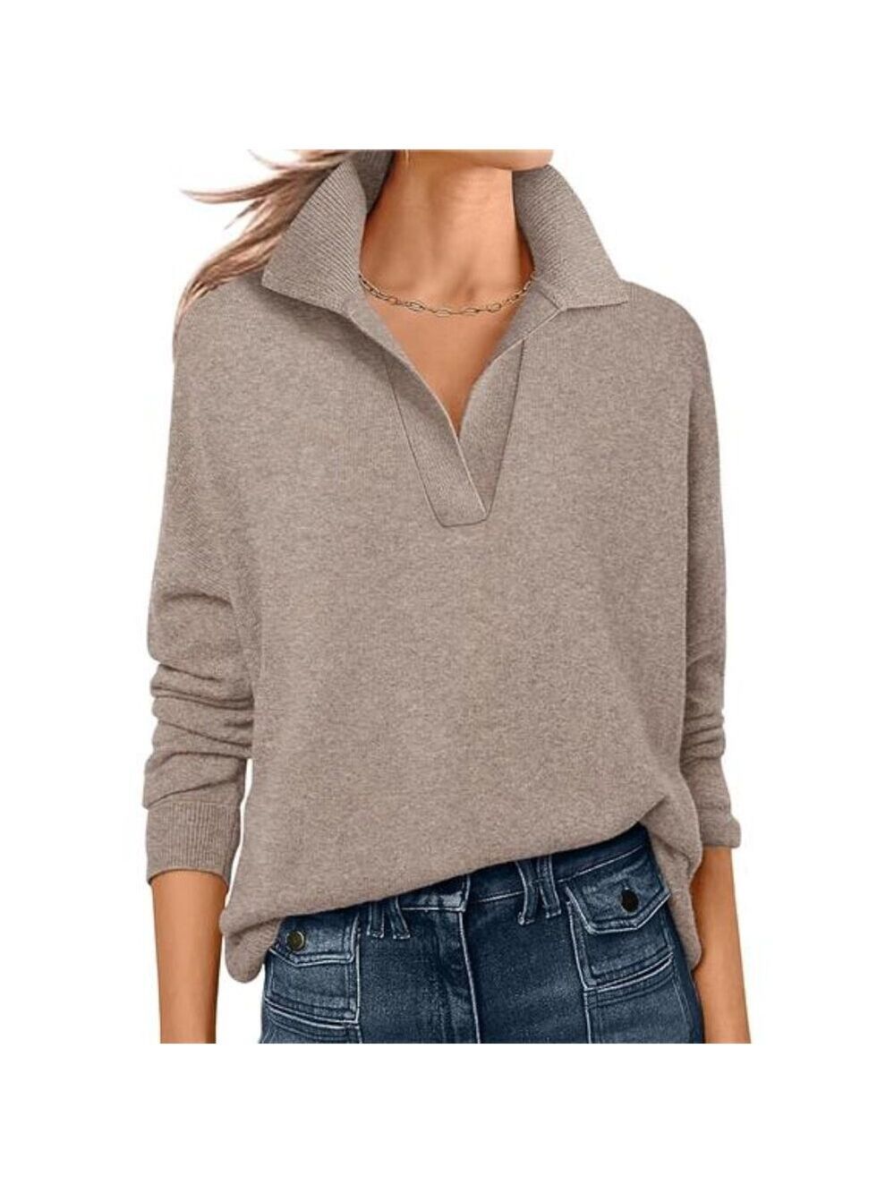 Womens Polo V Neck Sweater Long Sleeve Lightweight Dressy Casual Knit Top Fall